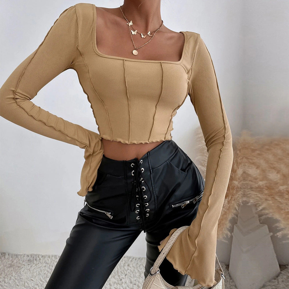 Square Neck Ribbed Knit Top for Women, Spring Summer Slim Fit Long Sleeve Cropped Pullover