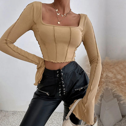 Square Neck Ribbed Knit Top for Women, Spring Summer Slim Fit Long Sleeve Cropped Pullover