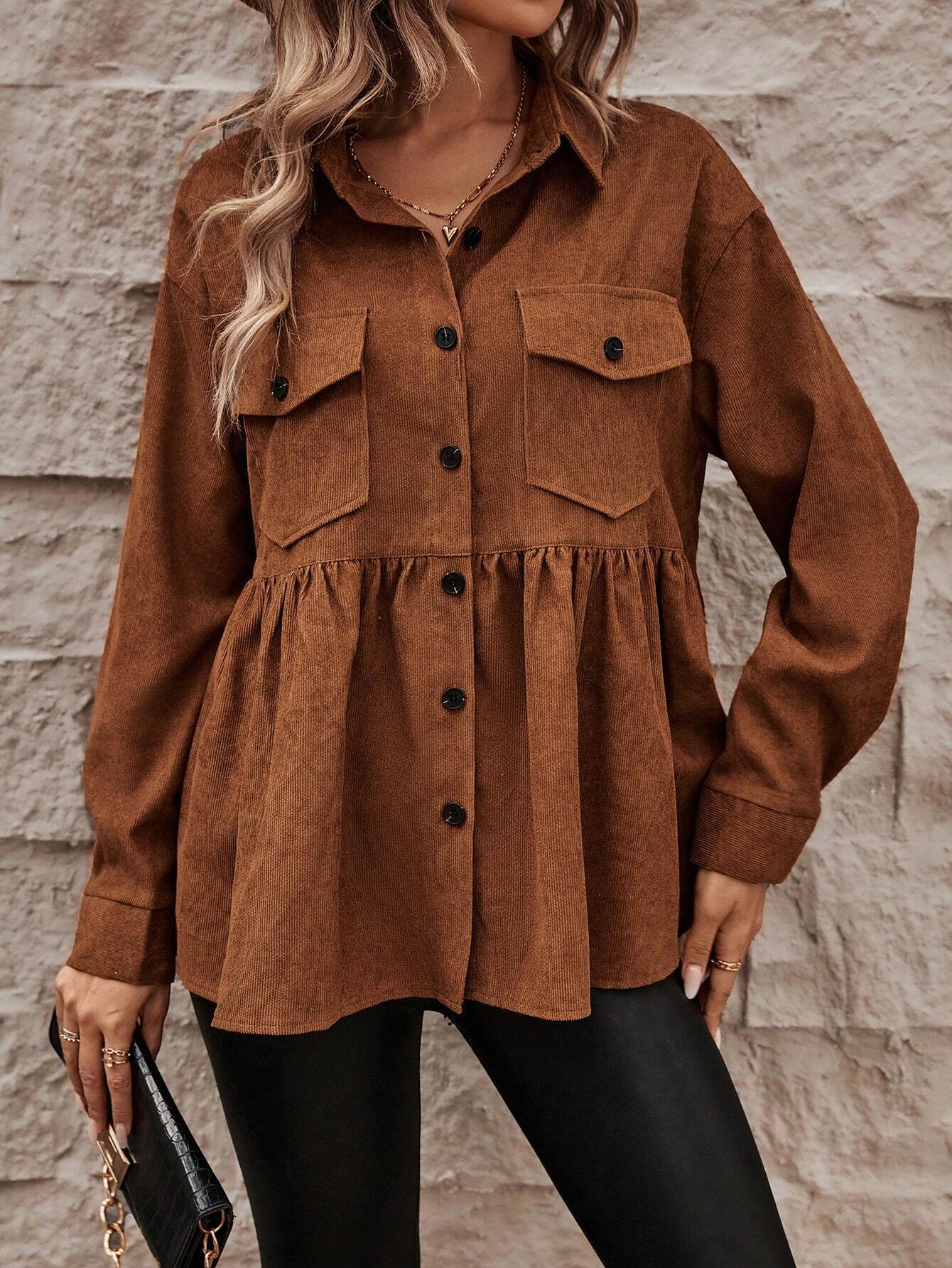 Brown Polo Collar Top for Women, Long Sleeve Button-Down Shirt Vintage Loose Fit Office Blouse