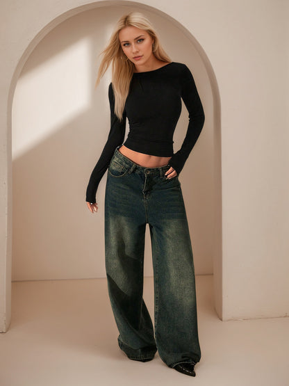 Backless Lace Trim T-Shirt for Women, Slim Fit Cropped Top Round Neck Long Sleeve Pullover