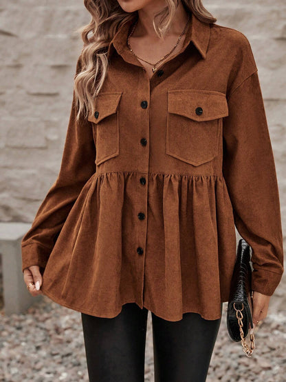 Brown Polo Collar Top for Women, Long Sleeve Button-Down Shirt Vintage Loose Fit Office Blouse