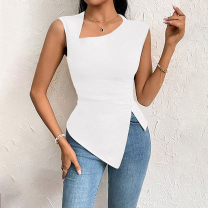 Elegant Sleeveless T-Shirt for Women, Asymmetric Hem Slim Fit Cropped Top with Slash Neck