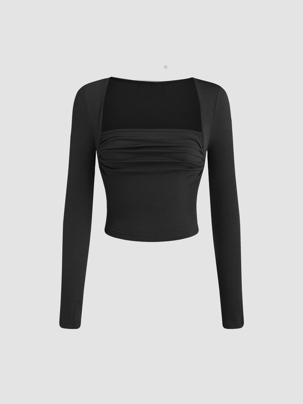 Square Neck Pleated Detail Knit Top for Women, Slim Fit Long Sleeve Cropped T-Shirt Chic Blouse