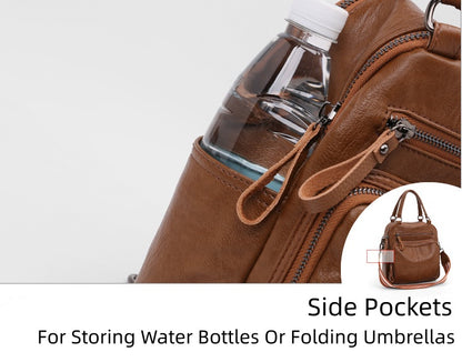 Women's PU Leather Backpack with Multiple Pockets, Convertible Shoulder Bag & Zipper Top Daypack