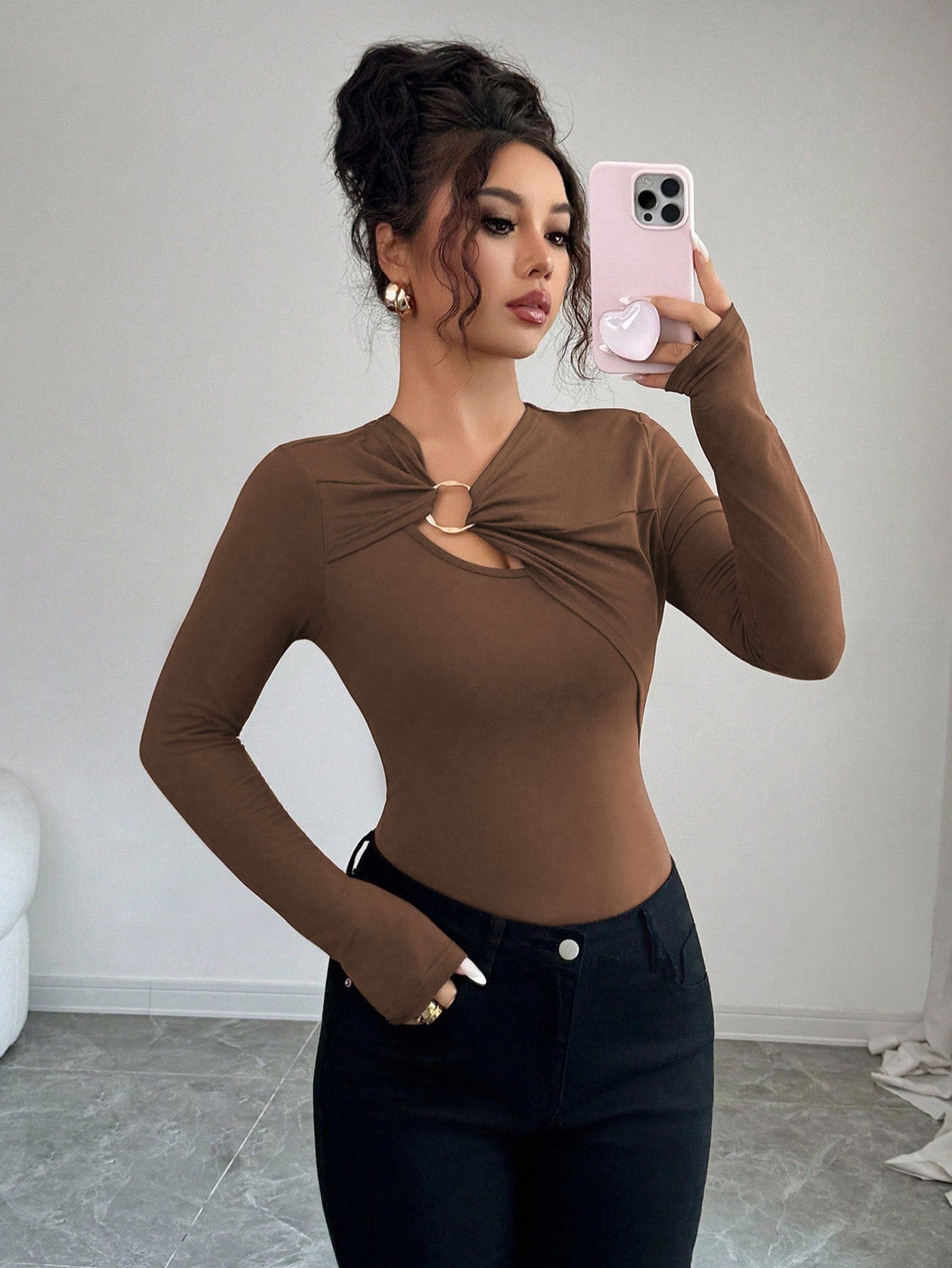 Solid Color Cut-Out Neckline Top for Women, Long Sleeve Structured Shoulder Slim Fit Layering Blouse