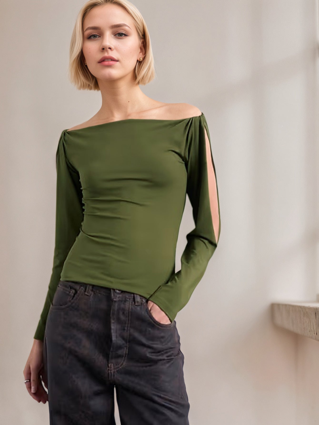 Off Shoulder Knit Top for Women, Cut Out Long Sleeve Slim Fit Statement T-Shirt