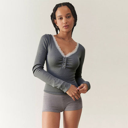 Contrast Lace Trim T-Shirt for Women, V-Neck Sexy Slim Fit Long Sleeve Layering Blouse