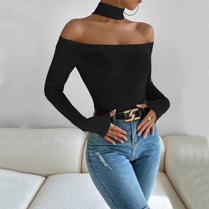Off Shoulder Ribbed Knit Top for Women, Fall Winter Sexy Slim Fit Long Sleeve T-Shirt Versatile Blouse