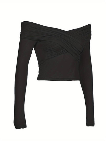 Off Shoulder Slim Fit Top for Women, Sexy Long Sleeve Cropped T-Shirt Elegant Blouse