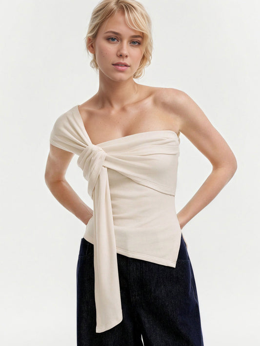 Asymmetric Hem Off Shoulder Top for Women, Summer Chic Sleeveless T Shirt Sexy Slim Fit Blouse