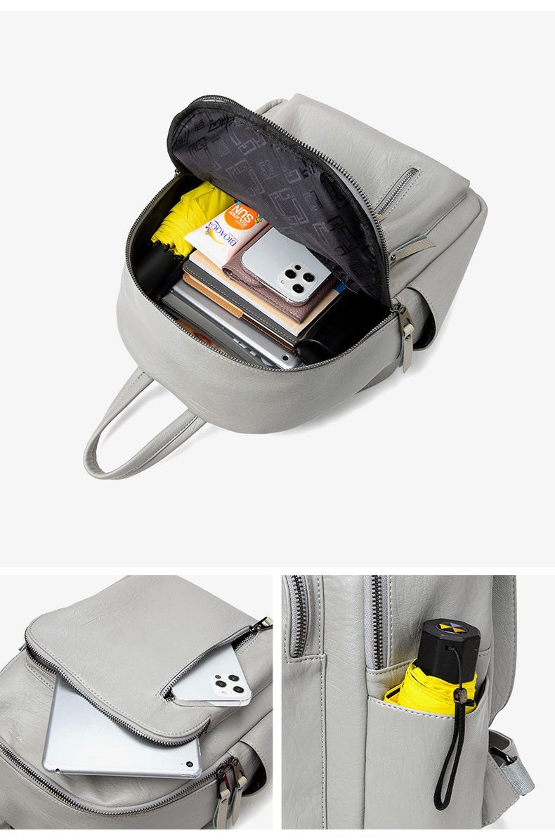 Water-Resistant PU Backpack for Women - Lightweight Scratchproof Campus Bag, Minimalist Soft Travel Pack with Zippers