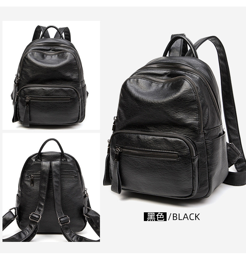 Multi-Pocket Women's Backpack - Zipper Top Soft Leather Travel Bag with Handles, Waterproof Simple Design Daypack
