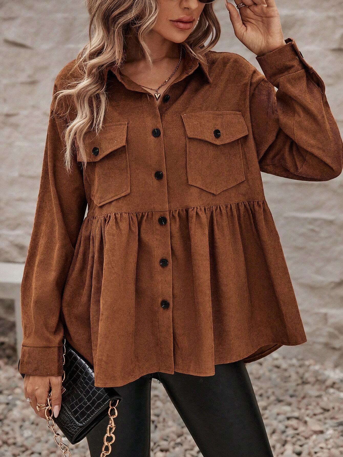 Brown Polo Collar Top for Women, Long Sleeve Button-Down Shirt Vintage Loose Fit Office Blouse