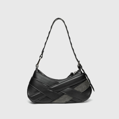 Horizontal Vintage Baguette Bag - Brown & Black Retro Shoulder Purse, Square Motorcycle Style Bag with Zip Closure