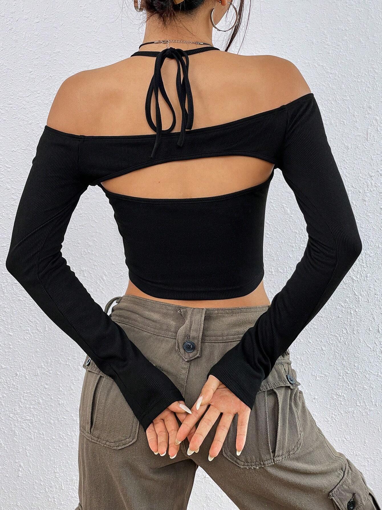 Off Shoulder Cut Out Top for Women, Sexy Slim Fit Cropped Long Sleeve T-Shirt