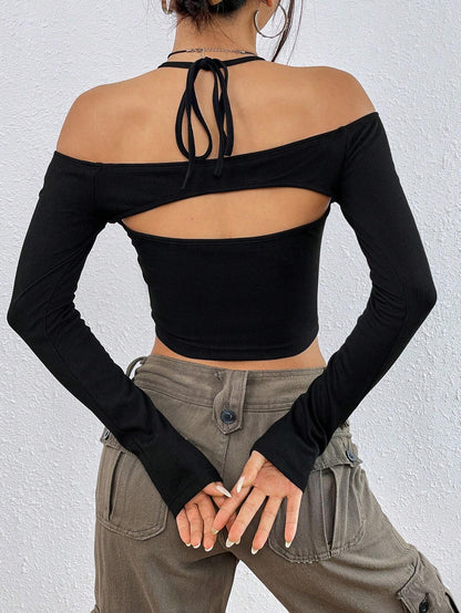 Off Shoulder Cut Out Top for Women, Sexy Slim Fit Cropped Long Sleeve T-Shirt