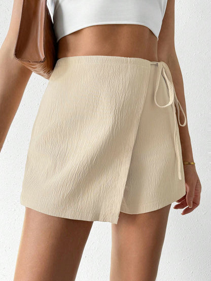 Woven High Waist Skort with Front Overlap, Side Tie Waistband & Back Zipper Closure