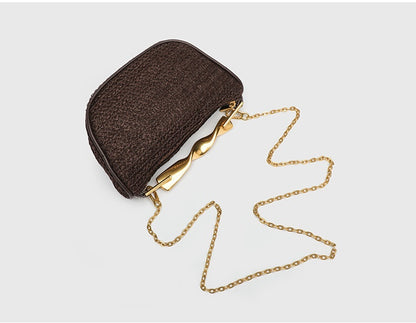 Dumpling Shape Woven Bag - Mini Straw Purse with Zipper Closure, Detachable Shoulder Strap and Metal Handle for Women