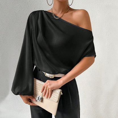 Off Shoulder Slash Neck Pullover Top, Asymmetric Long Short Sleeve Loose Fit Sexy Blouse