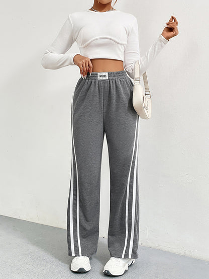 Fall Winter High Waist Sweatpants for Women, Loose Fit Straight Leg Elastic Joggers with Contrast Panel Wide Leg Pants