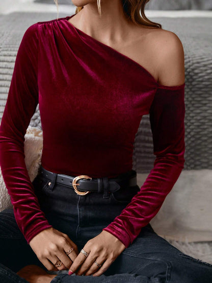 Off Shoulder Velvet Blouse for Women, Slash Neck Slim Fit Solid Color Long Sleeve Party Top