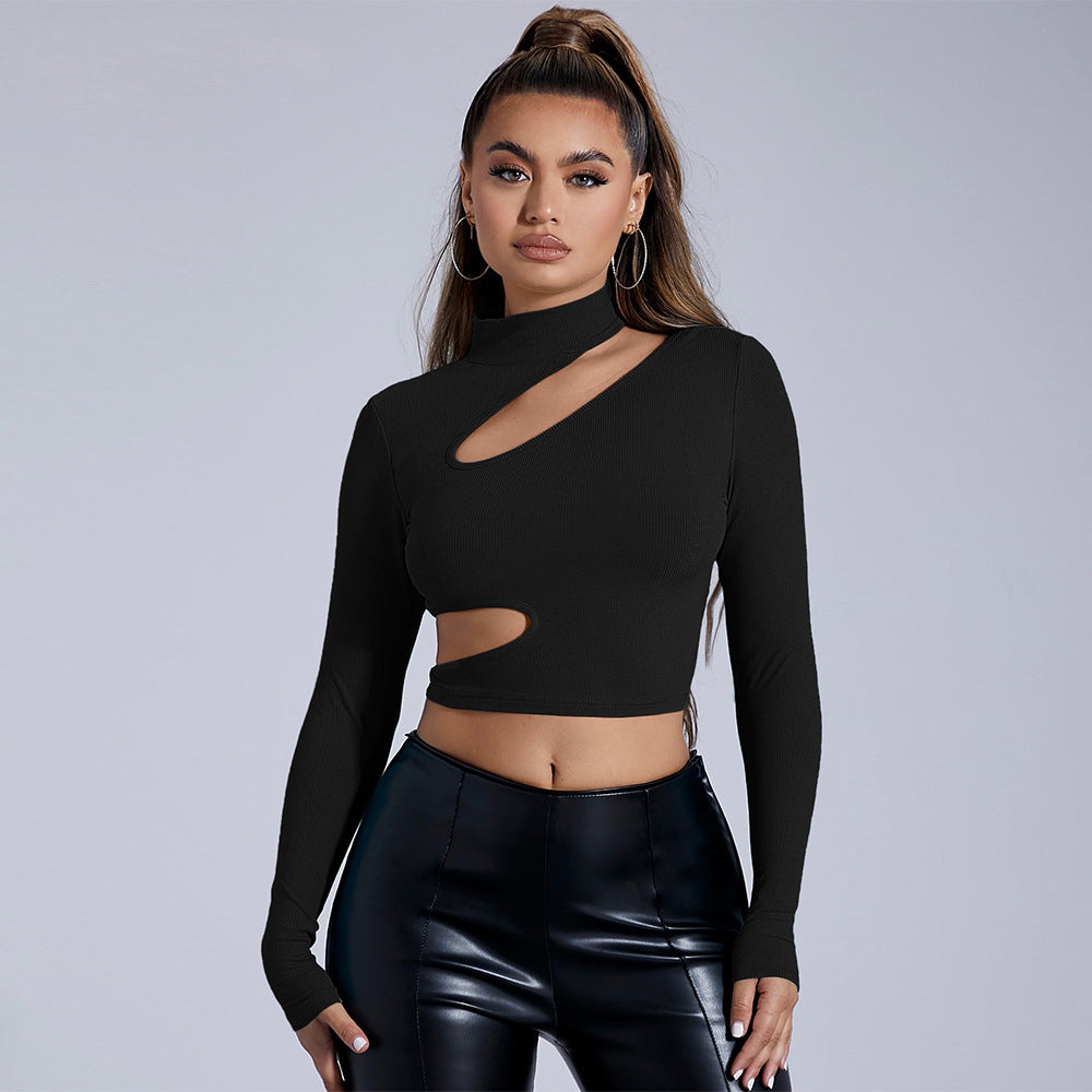 Black Mock Neck Bodycon Top for Women, Sexy Long Sleeve Cropped T-Shirt with Cut Out Detail