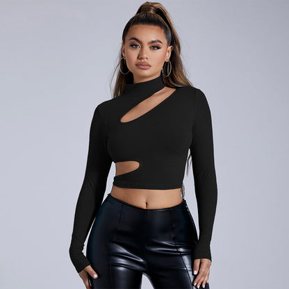 Black Mock Neck Bodycon Top for Women, Sexy Long Sleeve Cropped T-Shirt with Cut Out Detail