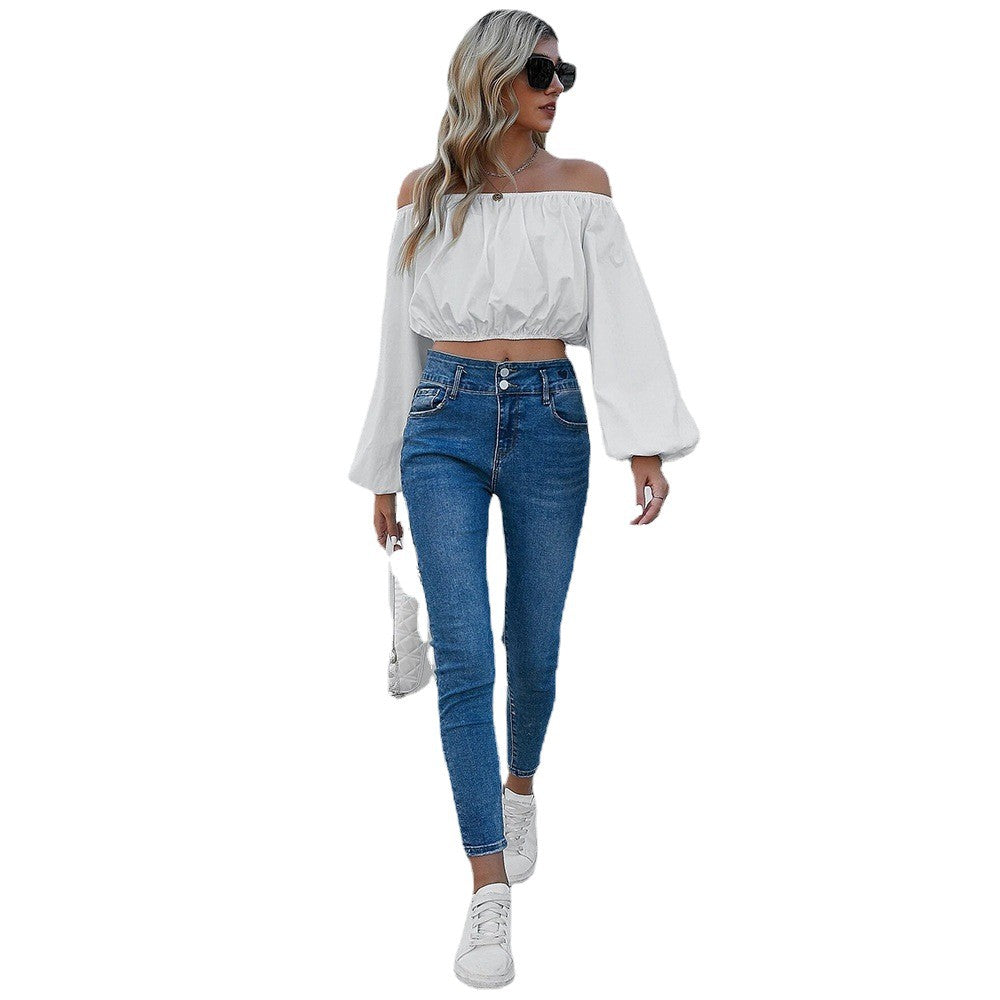 White Off Shoulder Blouse for Women, Spring Summer Lantern Sleeve Crop Top Solid Color Office Pullover T Shirt