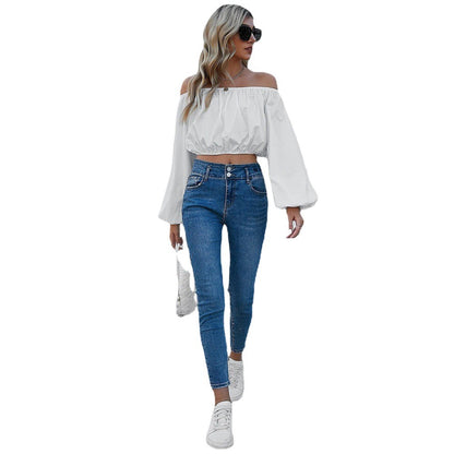 White Off Shoulder Blouse for Women, Spring Summer Lantern Sleeve Crop Top Solid Color Office Pullover T Shirt