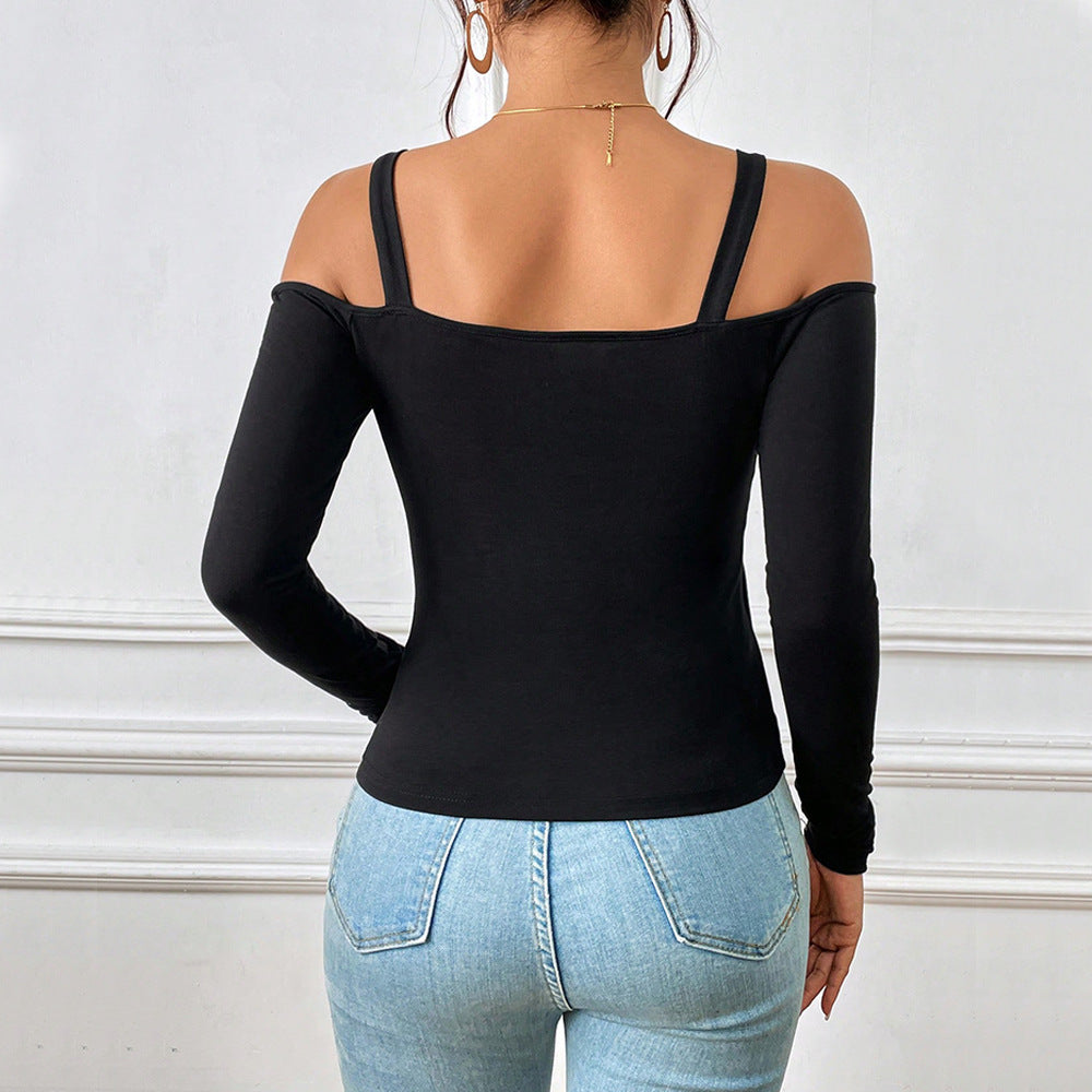 Hook Strap Knit Top for Women, Long Sleeve Slim Fit Solid Color Chic T Shirt
