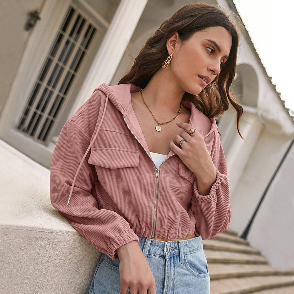 Cordoroys Crop Hooded Jacket for Women, Fall Winter Loose Casual Short Zip-Up Outerwear
