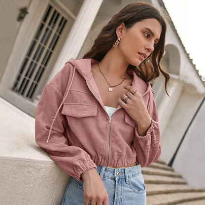 Cordoroys Crop Hooded Jacket for Women, Fall Winter Loose Casual Short Zip-Up Outerwear
