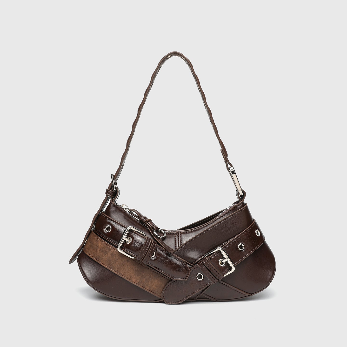 Horizontal Vintage Baguette Bag - Brown & Black Retro Shoulder Purse, Square Motorcycle Style Bag with Zip Closure