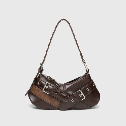 Horizontal Vintage Baguette Bag - Brown & Black Retro Shoulder Purse, Square Motorcycle Style Bag with Zip Closure