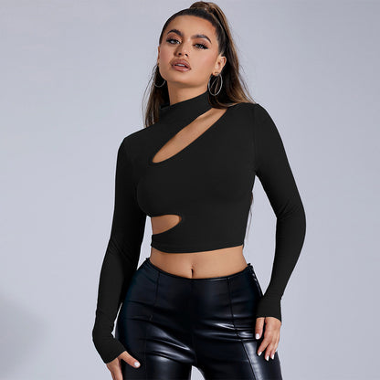 Black Mock Neck Bodycon Top for Women, Sexy Long Sleeve Cropped T-Shirt with Cut Out Detail