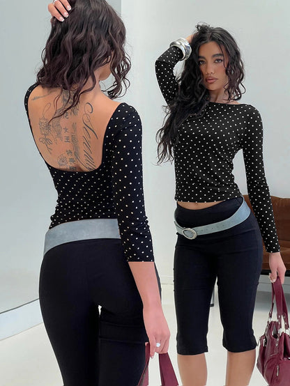 Black White Polka Dot Backless Top for Women, Long Sleeve Slim Fit T Shirt Square Neck Versatile Layering Blouse