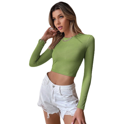 Backless Ribbed Knit Top for Women, Sexy Cropped Long Sleeve T-Shirt Round Neck Layering Blouse