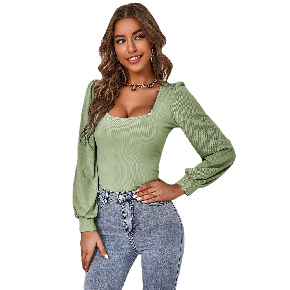 Avocado Green Square Neck Top for Women, Puff Sleeve Knit T-Shirt Slim Fit Long Sleeve Blouse