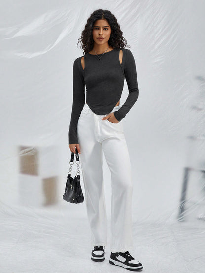 Ribbed Knit Asymmetry Top for Women, Round Neck Long Sleeve Sexy Slim Fit Solid Color Blouse