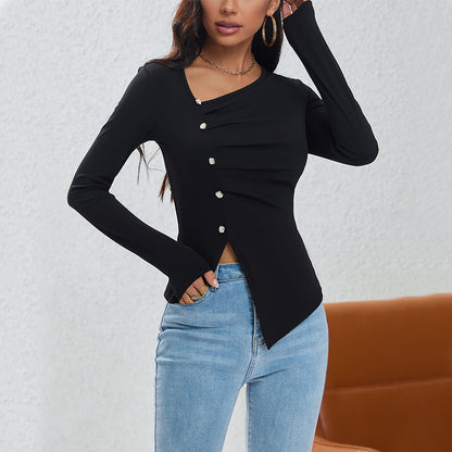 Ribbed Knit Top with Pleat Detail for Women, Button Front Asymmetric Layering Blouse