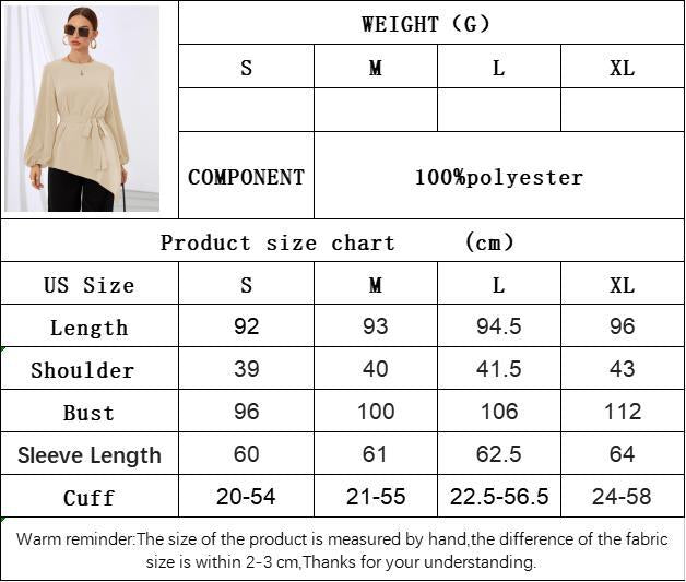 Mid-Length Women's Shirt, Round Neck Puff Sleeve Asymmetrical Hem Blouse with Waist Tucking Design