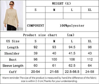 Mid-Length Women's Shirt, Round Neck Puff Sleeve Asymmetrical Hem Blouse with Waist Tucking Design