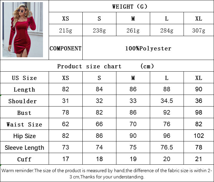 Square Neck Velvet Mini Dress for Women, Gigot Sleeve Long Sleeve Slim Fit Slit Side Chic Gown