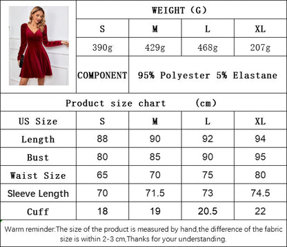 V-Neck Velvet Mini Dress for Women, Sexy A-Line Gown with Waist Tucking Long Sleeve Evening Dress