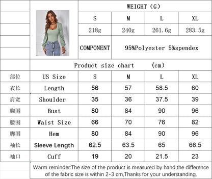 Avocado Green Square Neck Top for Women, Puff Sleeve Knit T-Shirt Slim Fit Long Sleeve Blouse