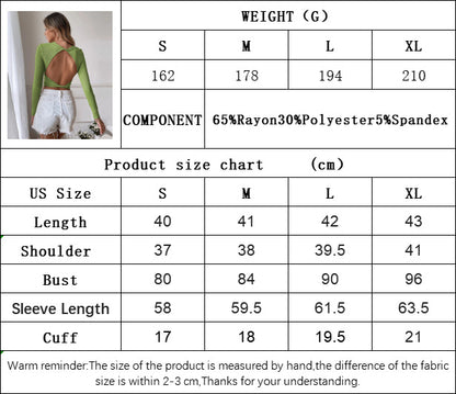 Backless Ribbed Knit Top for Women, Sexy Cropped Long Sleeve T-Shirt Round Neck Layering Blouse
