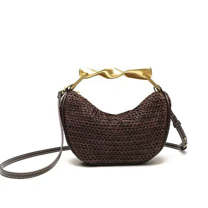 Dumpling Shape Woven Bag - Mini Straw Purse with Zipper Closure, Detachable Shoulder Strap and Metal Handle for Women