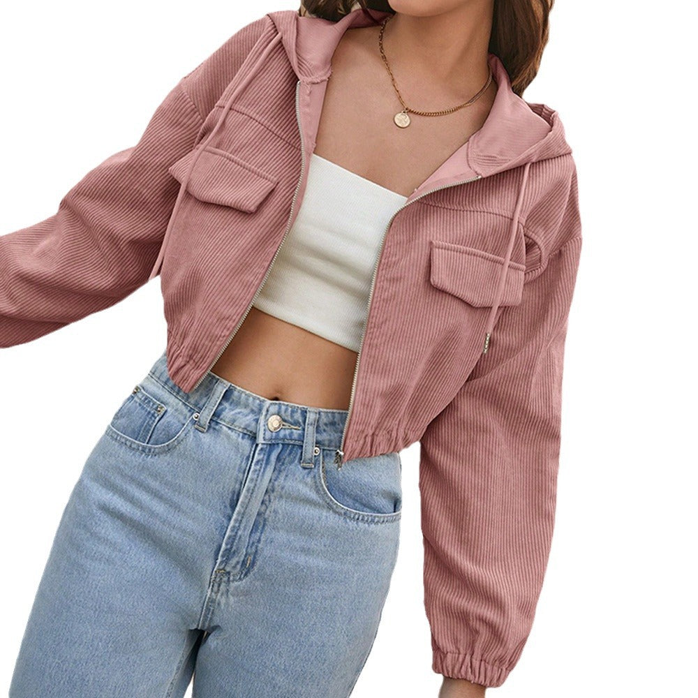 Cordoroys Crop Hooded Jacket for Women, Fall Winter Loose Casual Short Zip-Up Outerwear