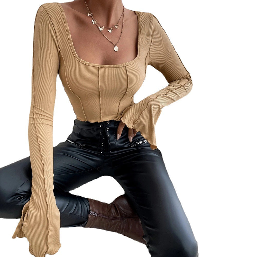 Square Neck Ribbed Knit Top for Women, Spring Summer Slim Fit Long Sleeve Cropped Pullover