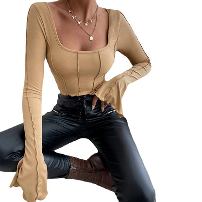 Square Neck Ribbed Knit Top for Women, Spring Summer Slim Fit Long Sleeve Cropped Pullover